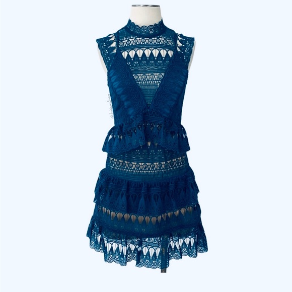 Self-Portrait Teardrop Guipure Tiered Lace Turquoise Teal BOHO Embroidery Dress - Picture 7 of 16